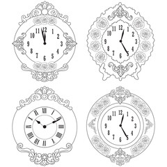 Vintage clock coloring page in black and white. Hand-drawn retro clock illustration for adults and kids. Perfect for coloring books and time-themed designs.