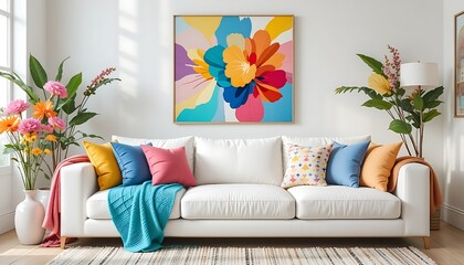 A modern white sofa with colourful cushions and throw blankets is part of a bright and comfortable living room.  The colourful, inviting ambiance is completed with geometric wall art and vibrant flowe