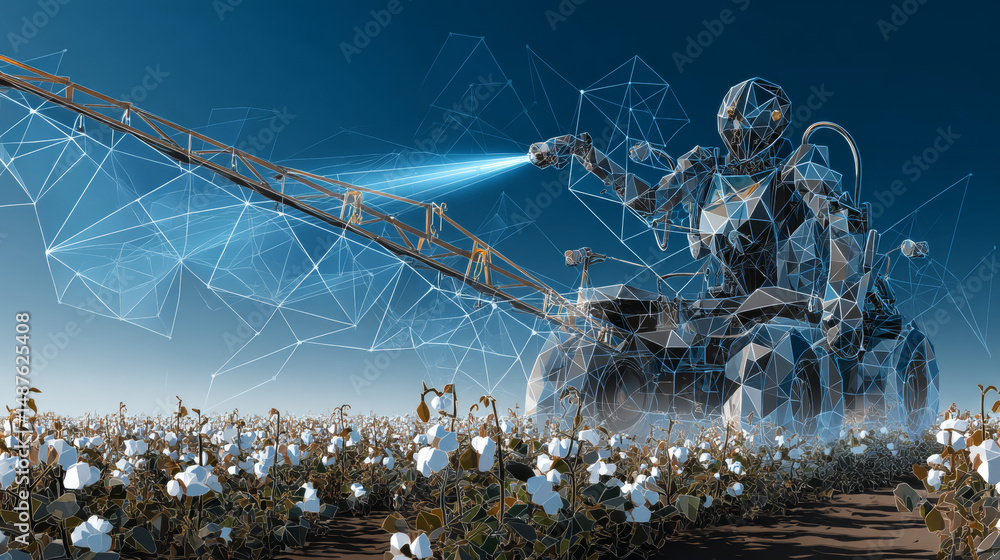 Poster smart robotic farmers technology. robot spray chemical. lines, triangles and particle style design. 