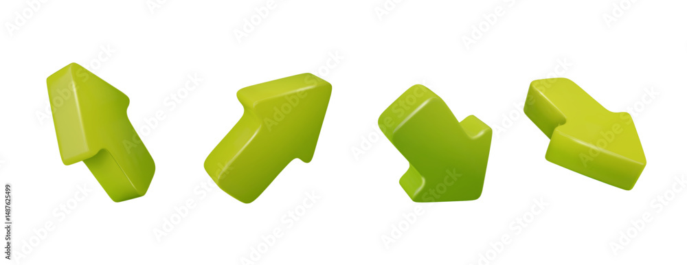Poster green 3d arrows pointing in different directions. vector realistic arrow cursors set isolated.