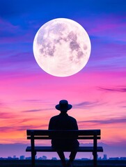 Obraz premium Serene Sunset Silhouette - A lone figure sits on a bench, silhouetted against a vibrant sunset and large full moon. Peaceful and contemplative mood