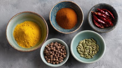 Colorful Spice Collection in Rustic Bowls on Gray Background