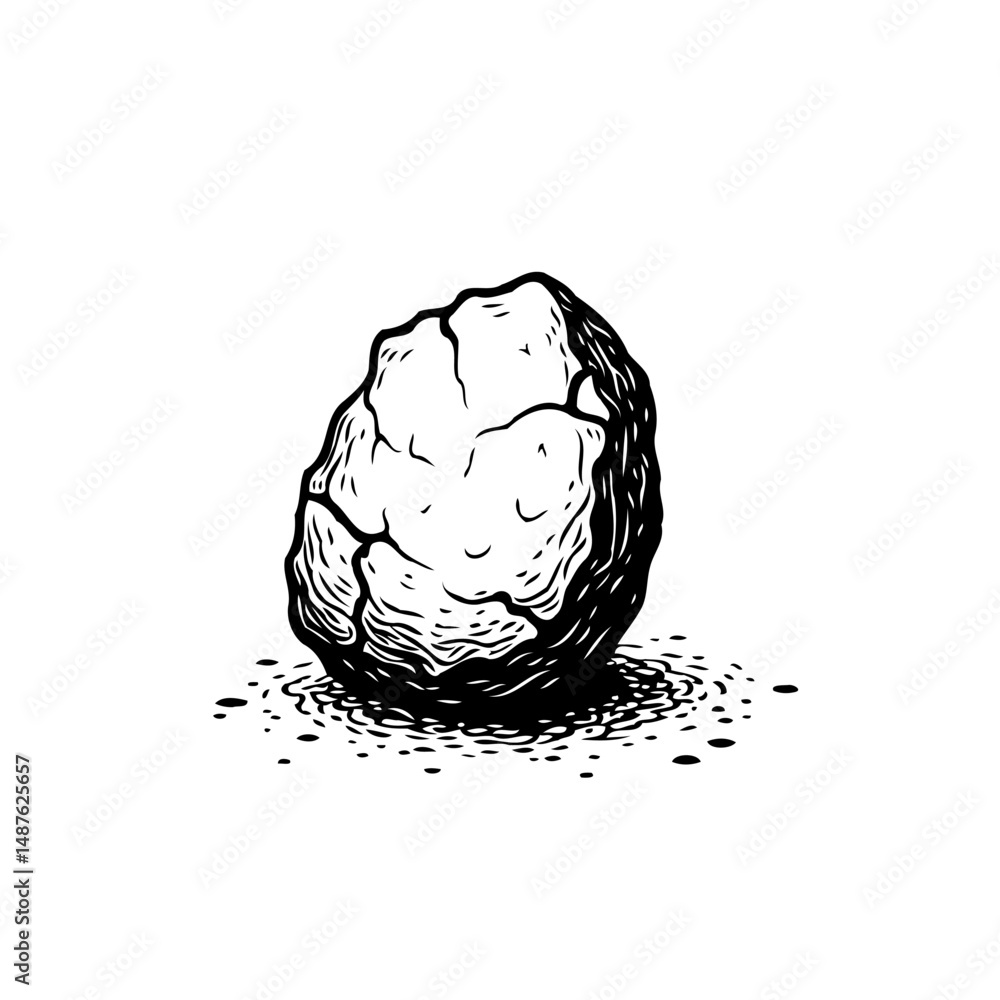 Poster monochrome etching of a textured stone, demonstrating depth through precise shading