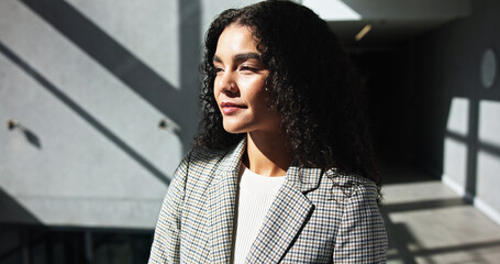 Thinking, employee and woman with ambition, business or ideas for career growth in corporate...