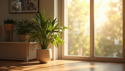 Indoor Plant with Natural Sunlight Streaming Through Large Window