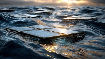 Solar Panels Floating on Ocean Surface Under Dramatic Sunset Sky