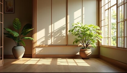 Indoor Plant Scene with Sunlight Streaming Through Window