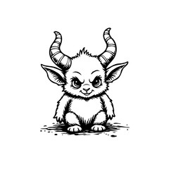 Monochrome depiction of a mischievous horned creature with playful malevolence