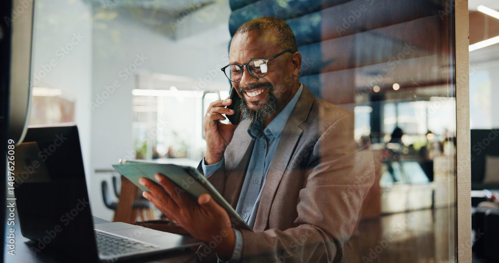 Poster laptop, phone call and tablet with business black man in pod for communication or update. app, compu