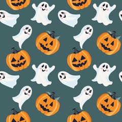 Halloween seamless pattern with ghosts and carved pumpkins in cute spooky style for kids projects, party invites, and textile designs