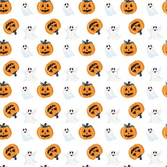 Cartoon Halloween seamless pattern with smiling jack-o'-lanterns and friendly ghosts on white, perfect for wrapping paper and kids decor