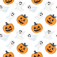 Halloween seamless pattern with ghosts and carved pumpkins in cute spooky style for kids projects, party invites, and textile designs