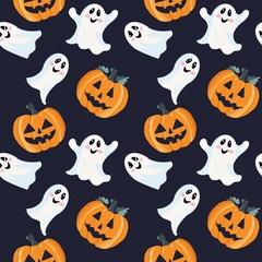 Halloween seamless pattern with ghosts and carved pumpkins in cute spooky style for kids projects, party invites, and textile designs
