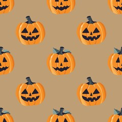 Seamless Halloween pattern with cute pumpkins and happy ghosts in cartoon style, perfect for kids, stickers, wrapping, and fabric design