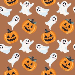 Halloween seamless pattern with ghosts and carved pumpkins in cute spooky style for kids projects, party invites, and textile designs