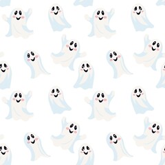 Seamless Halloween background with playful ghosts and carved pumpkins in flat cartoon style, perfect for stickers, fabric, or stationery