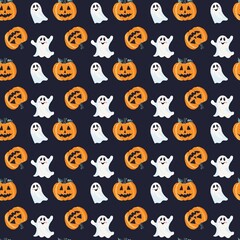 Cartoon Halloween seamless pattern with smiling jack-o'-lanterns and friendly ghosts on white, perfect for wrapping paper and kids decor