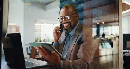 Laptop, phone call and tablet with business black man in pod for communication or update. App,...