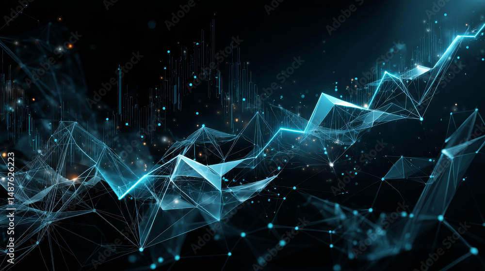 Poster growing graph icon from lines, triangles and particle style design. illustration vector