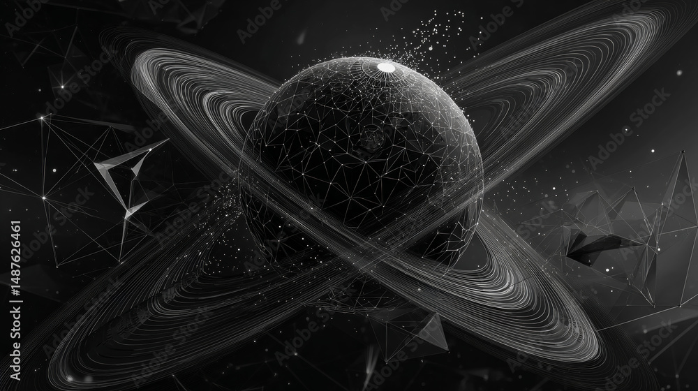 Poster planet saturn form lines, triangles and particle style design. illustration vector