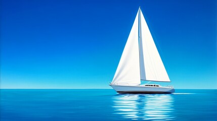 Obraz premium Solitary Sailboat on Azure Sea - A single white sailboat sails gracefully across a tranquil azure sea, symbolizing freedom, serenity, adventure, escape, and peace