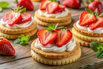 Biscuits with cream and sliced strawberry toppings delicious dessert
