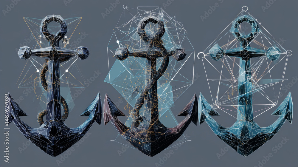 Poster sea anchor form lines, triangles and particle style design. illustration vector