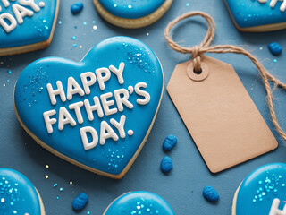 happy Fathers Day blue heart cookies with white icing glitter and kraft tag on blue background for sweet festive theme