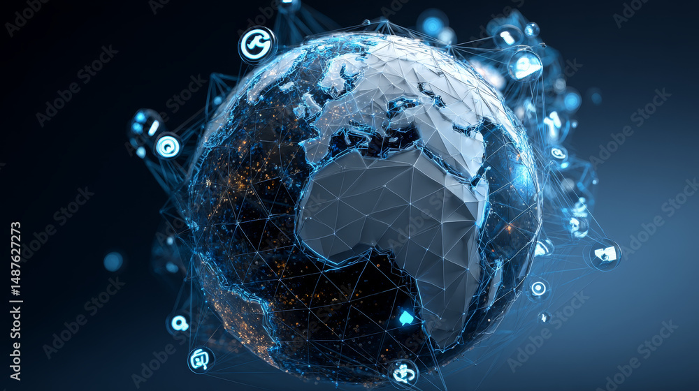 Poster low polygon globe map with social icons wireframe mesh on blue background