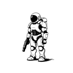 Stylized monochrome illustration of futuristic spaceman armed with advanced weapon