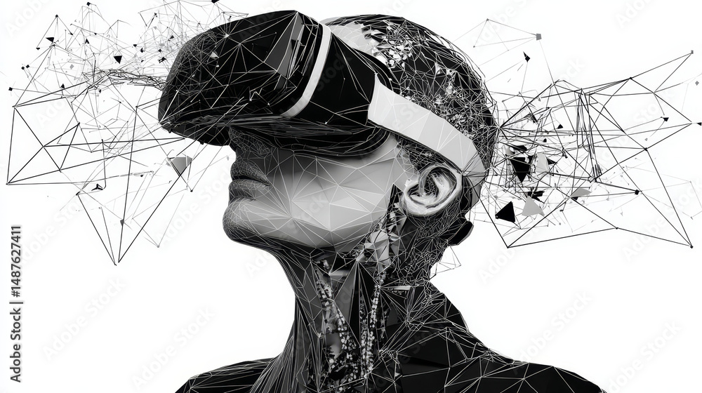 Poster vr. view from vr glasses. virtual reality simulation. futuristic digital technology. low polygonal, 