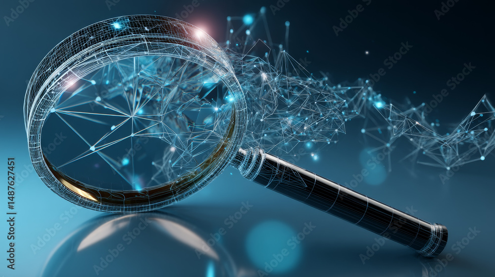 Poster low polygon magnifying wireframe mesh on blue background