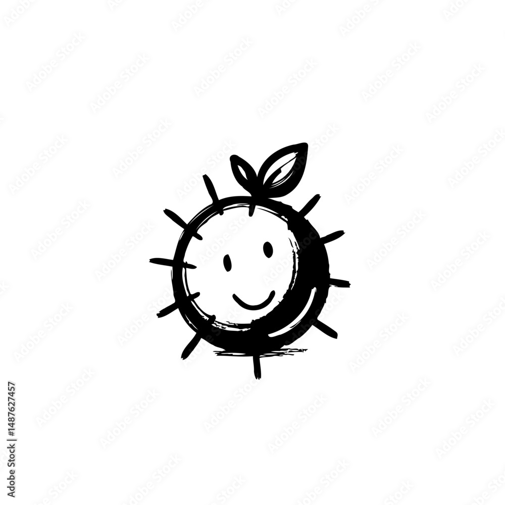 Poster Playful round fruit character design with leaves and smiling expression
