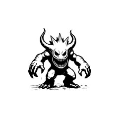 Illustrative grotesque figure with horned features on minimalist backdrop