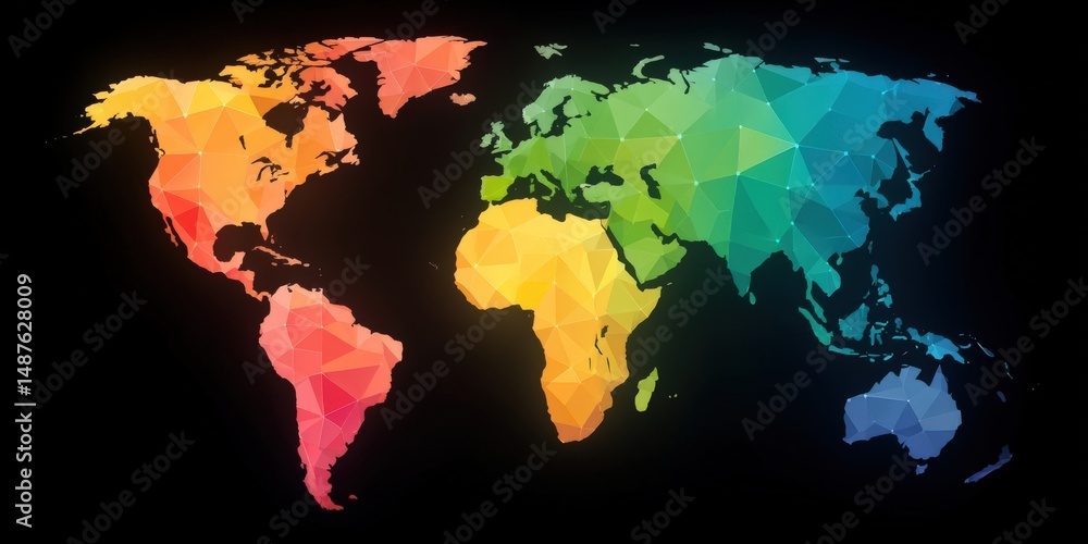 Poster geometric polygonal world map illustration featuring bright colors and dynamic shapes highlighting c
