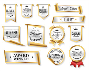 Top rated and award winner gold and silver badge and emblem collection stock illustration