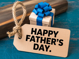 happy Fathers Day kraft tag with twine and small gift box wrapped in blue ribbon on rustic teal wood background