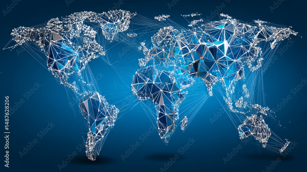 Poster world map from lines and triangles, point connecting network on blue background. illustration vector