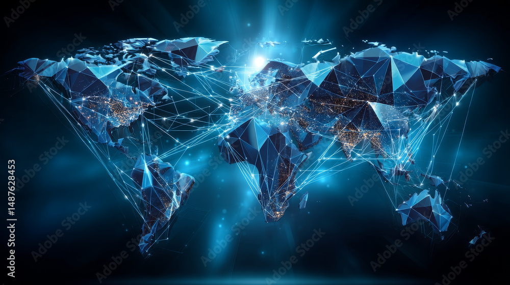 Poster abstract world map. global business data connections. telecommunication network map. lines and trian
