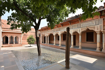 Luxurious palace interior showcasing intricate gold inlays and elegant architecture in a serene courtyard