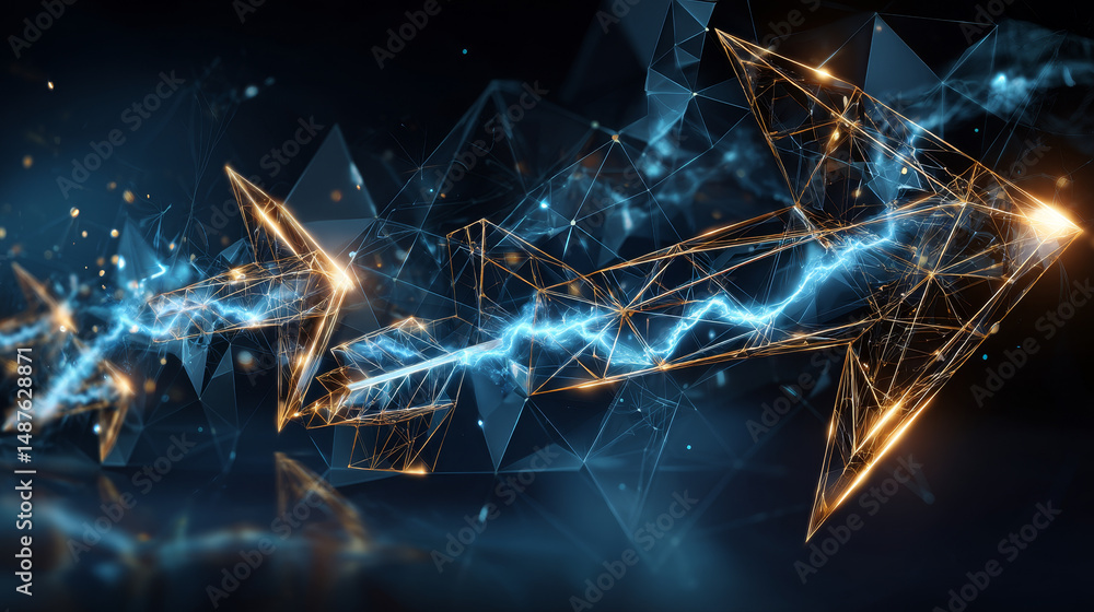 Poster digital glowing arrow and lightning icons in low poly futuristic style on dark background
