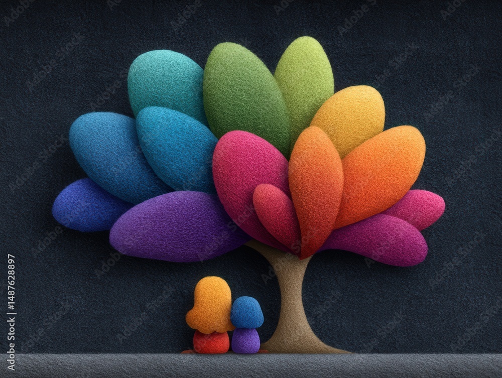Poster two figures in front of a large colorful abstract tree symbolizing growth togetherness and creativit