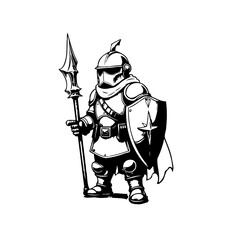Stylized Illustration of Armored Figure Holding Spear and Shield in Monochromatic Style
