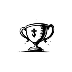 Monochrome Trophy Illustration with Cross Emblem Evoking Achievement and Faith