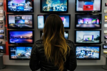 Woman browsing television screens in electronics store.