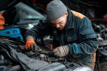 Mechanic repairing a vehicle in a busy garage while focused on detailed work