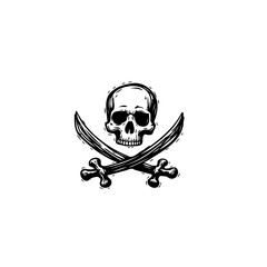 Stylized skull and crossed swords insignia symbolizing danger and adventure