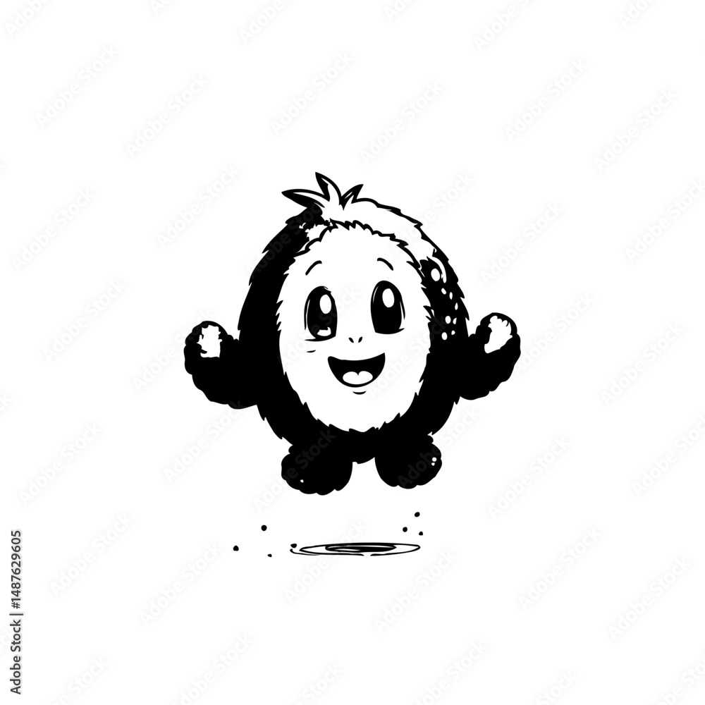 Poster playful monochrome cartoon character floating with joyful expression and shadow