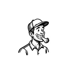 Obraz premium Cartoon character with a cap joyfully holding a rolled paper in his mouth