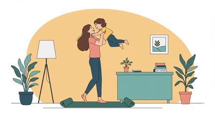 Fototapeta premium Woman Lifting Child Indoors with a Yoga Mat and Plants